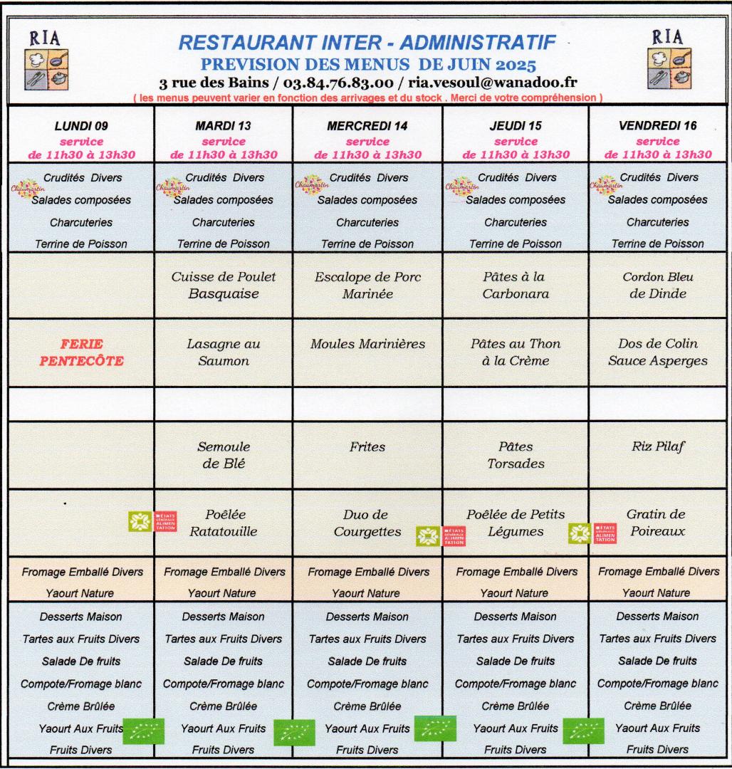 Menus Juin 2