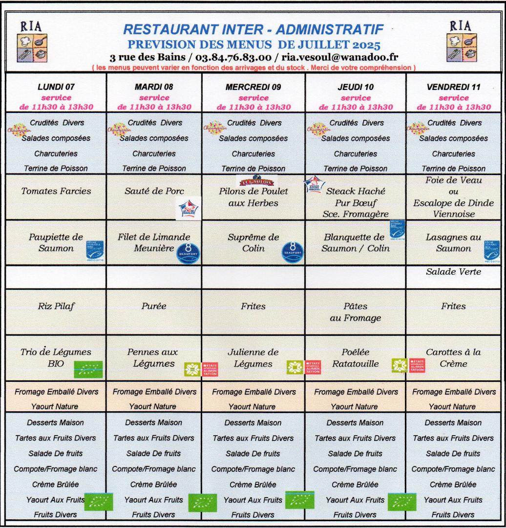 Menus JUILLET 02
