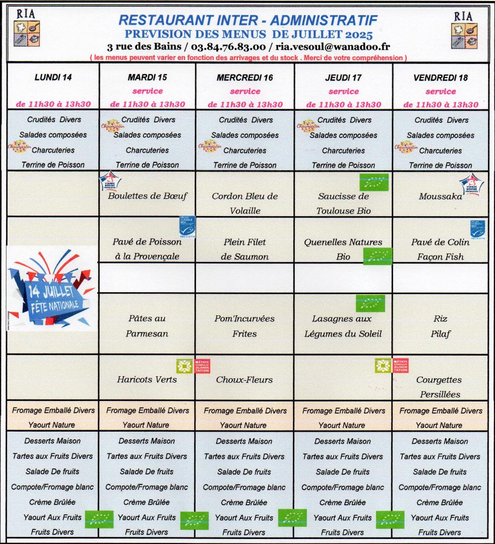 Menus JUILLET 03