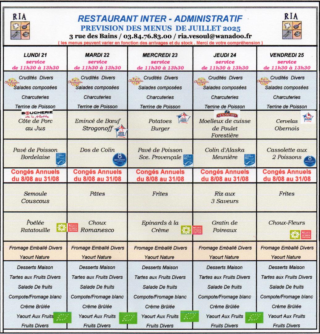 Menus JUILLET 04