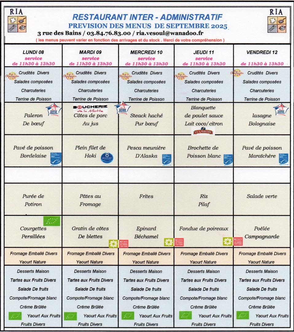 Menus septembre 2