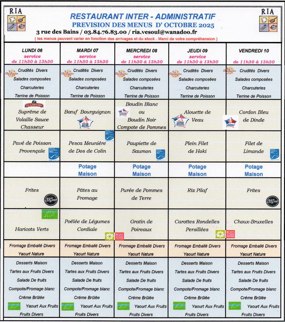 Menus Octobre 1
