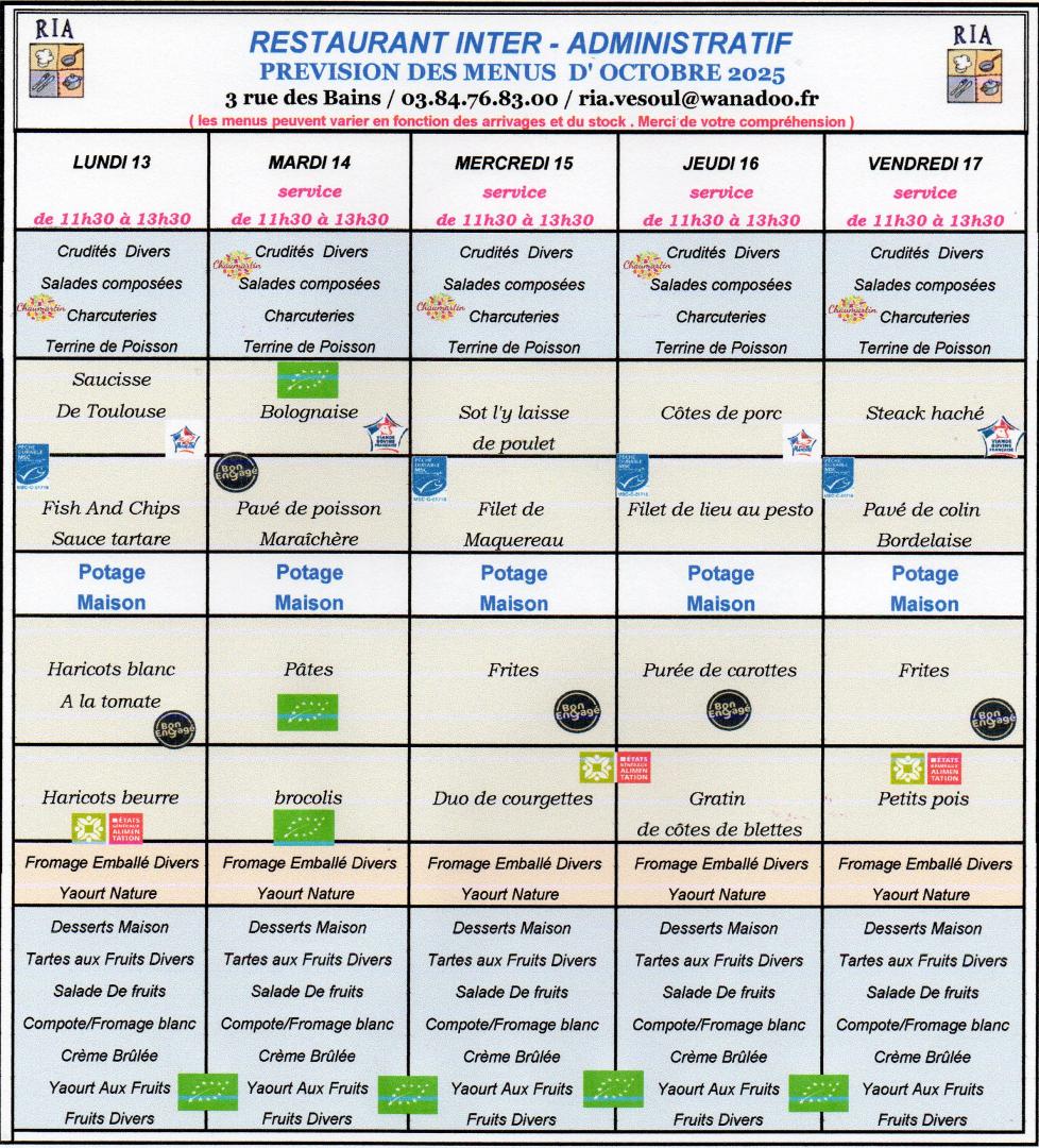 Menus Octobre 2